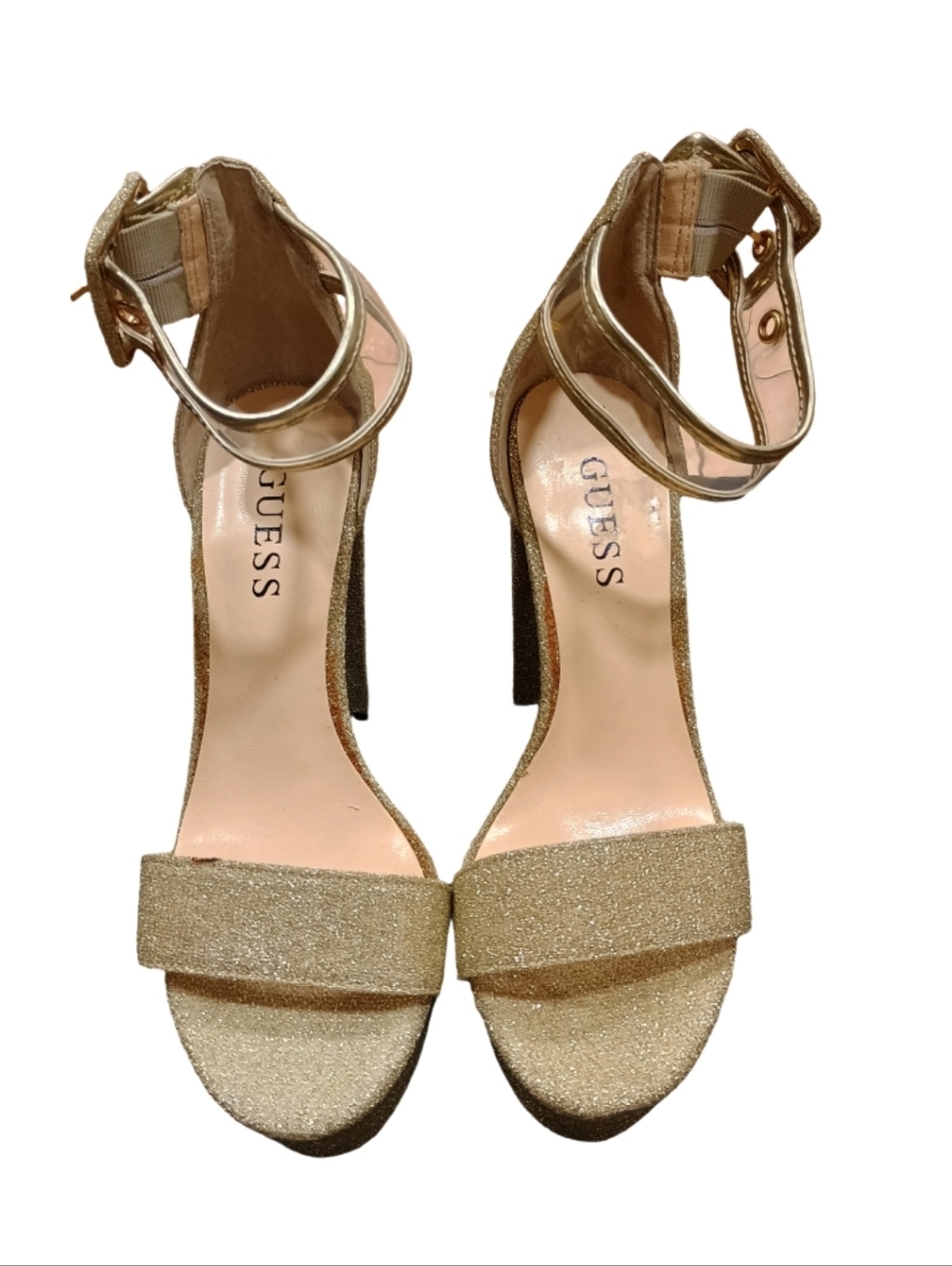 GUESS Metallic Gold Glitter Ankle-Strap Block Heels
